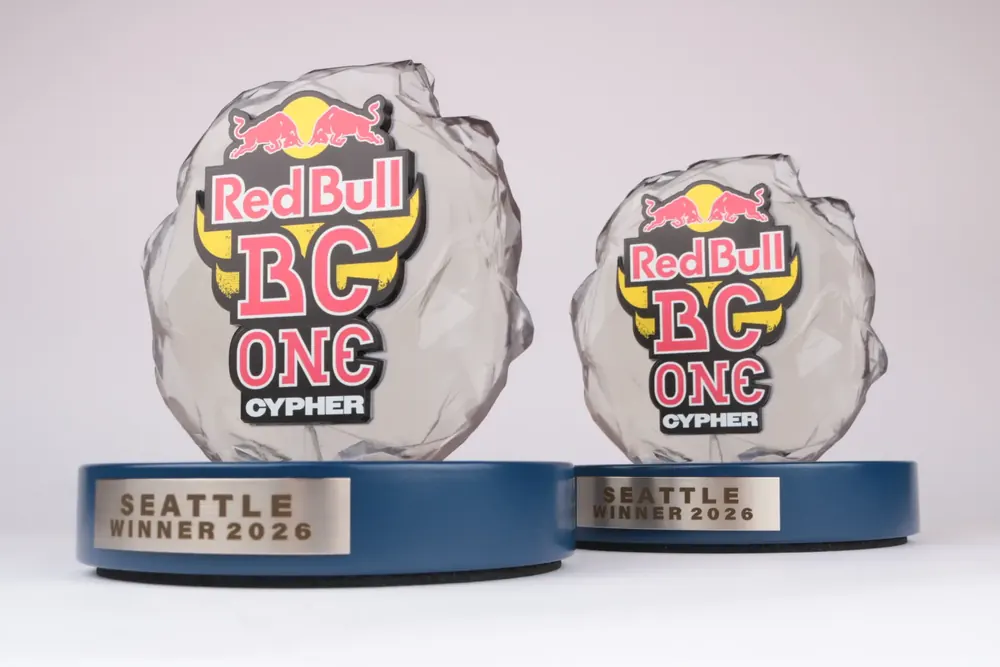 Translucent Red Bull BC One Cypher awards on blue bases